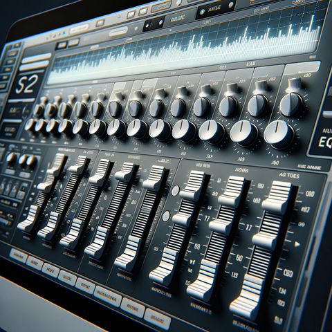 A detailed graphical representation of an EQ interface on a computer screen, showing sliders or knobs for different frequency ranges within a Digital Audio Workstation.