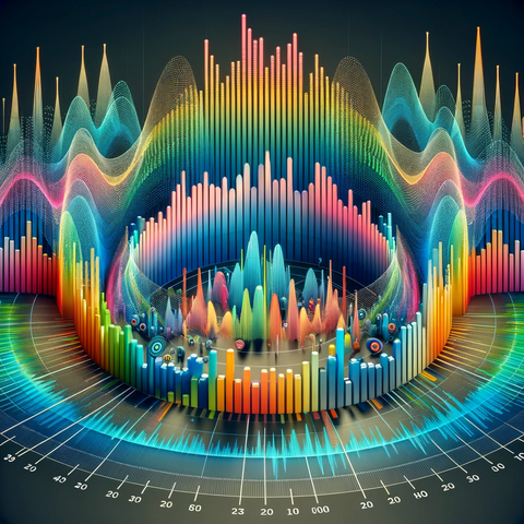 Illustration of sound waves or a frequency spectrum, showing the range of human hearing from 20 Hz to 20 kHz with colorful peaks and troughs representing diverse frequencies.