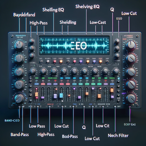 Annotated image of an EQ interface highlighting essential terms such as Bandwidth, Q, Shelving EQ, High Pass/Low Cut, and Notch Filter, with brief descriptions.
