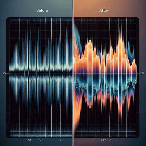 Before-and-after representation of an audio waveform or spectral analysis showing the impact of EQ adjustments, with clear changes in the waveform's structure.