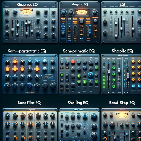 Collage of different EQ types used in music production, including graphic EQ, parametric EQ, and notch filter, each represented by a distinct interface.