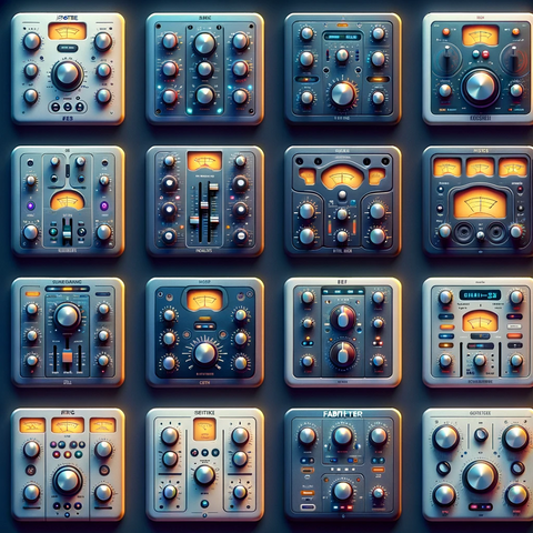 Collection of images representing various EQ plugins like iZotope’s Neutron and FabFilter’s Pro-Q3, each depicted with its unique interface.