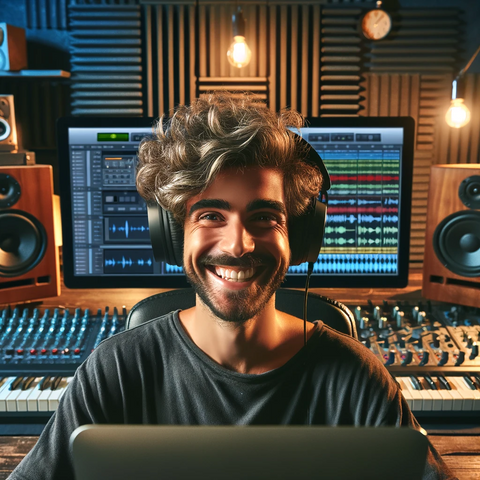 Image of a satisfied music producer with headphones in a studio, symbolizing successful application of EQ techniques, surrounded by professional studio equipment.