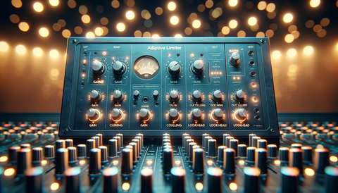 Ultra-realistic depiction of Logic Pro X's Adaptive Limiter interface, featuring detailed knobs for Gain and Out Ceiling against a backdrop of soft studio lights.