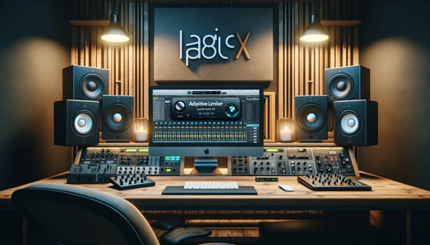Realistic studio setting showcasing Logic Pro X on a computer screen with the Adaptive Limiter plugin, surrounded by professional audio monitors and mixing equipment.