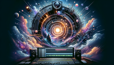 Dynamic and multidimensional promotional artwork for DSIV Music, featuring a vibrant vortex of soundwaves and musical elements that represent cutting-edge audio quality.