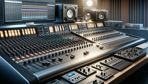 Image: A graphic showing a mixing board on one side and mastering studio equipment on the other.