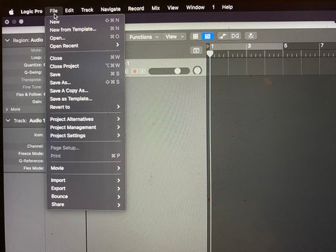 Image: Screenshot of the Logic Pro interface, highlighting the 'File' menu.