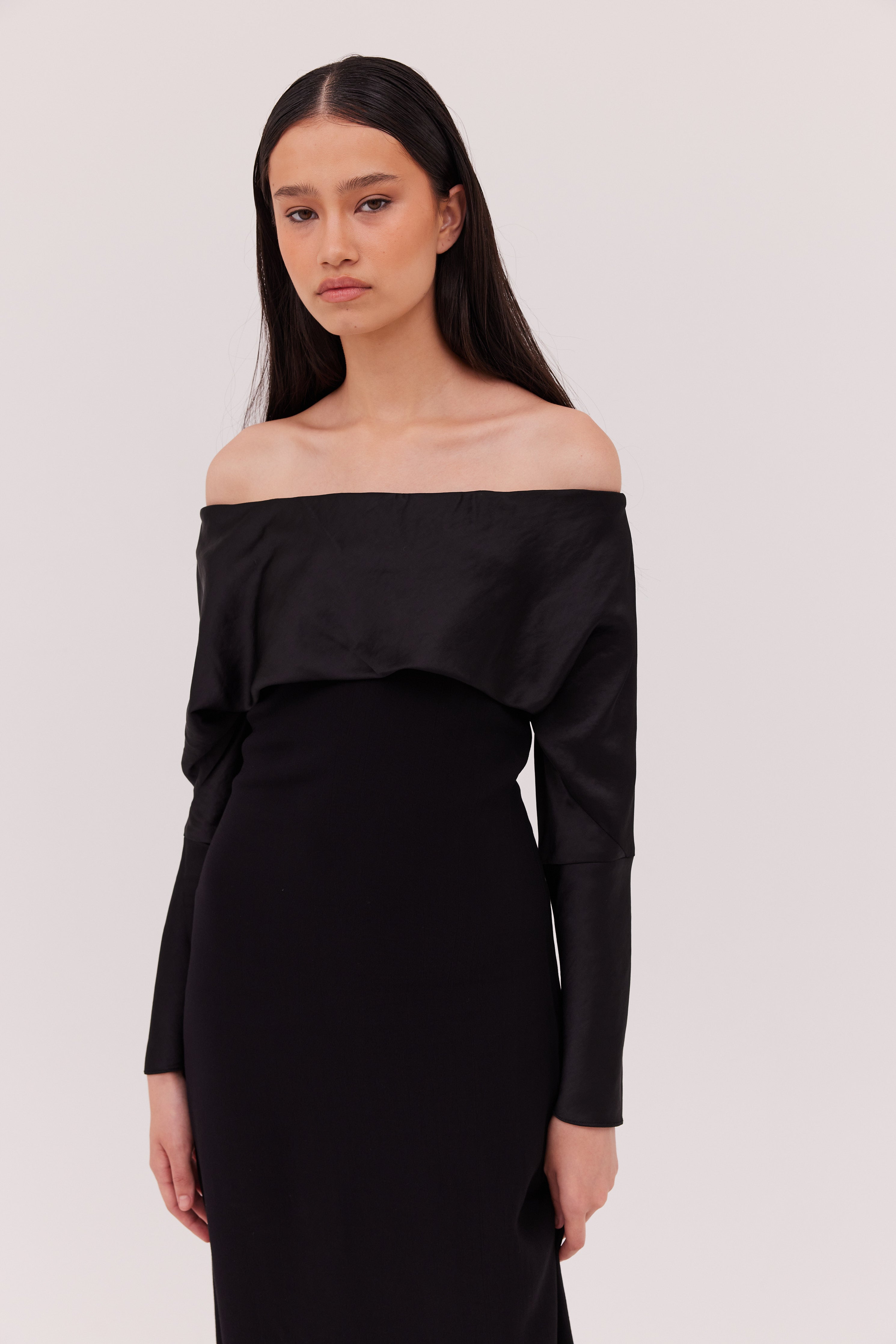 BLACK SATIN CREPE BIJOU DRESS