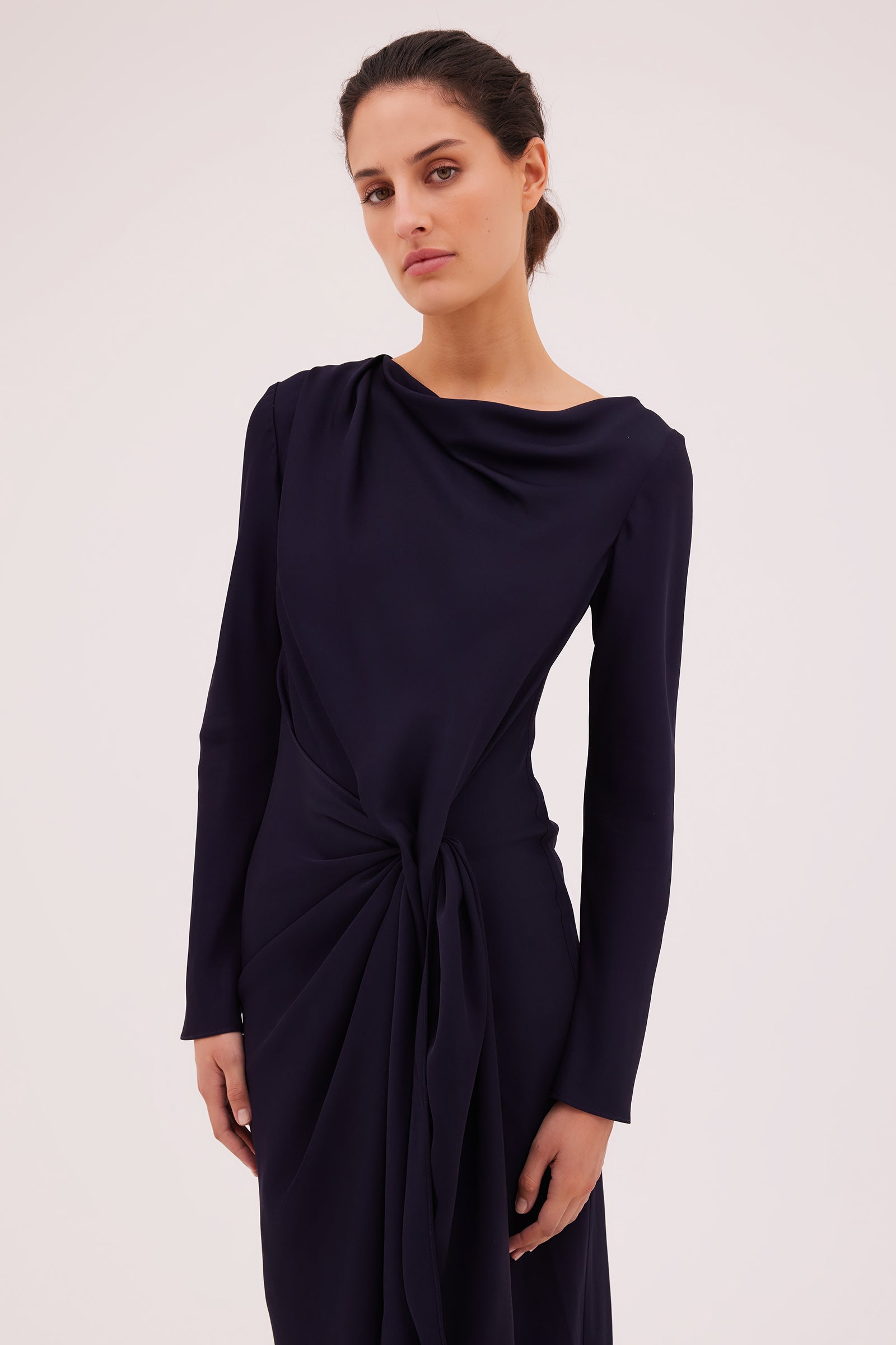 NAVY SATIN CREPE MORI MIDI DRESS