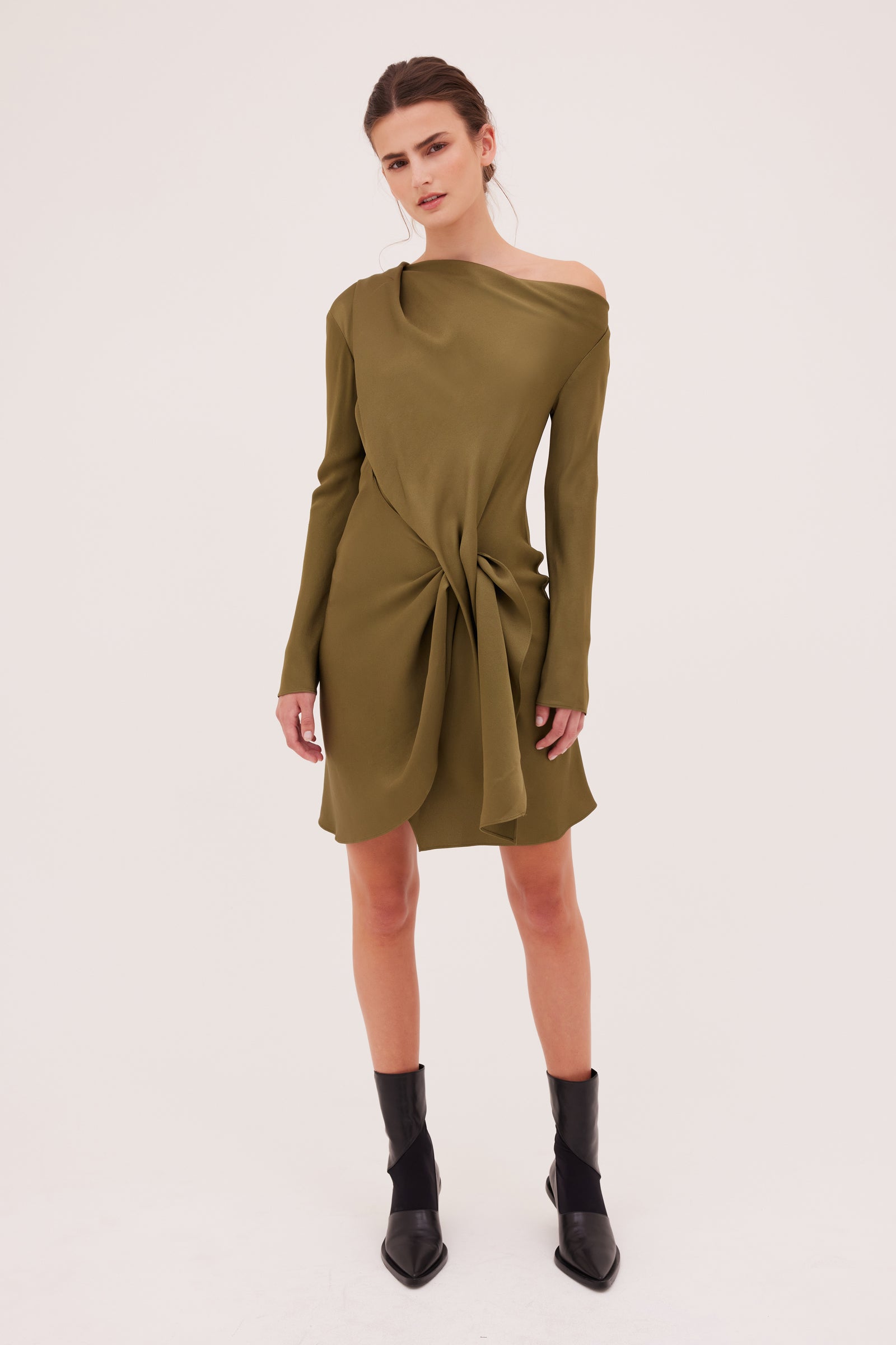 OLIVE CREPE SATIN MORI MINI DRESS