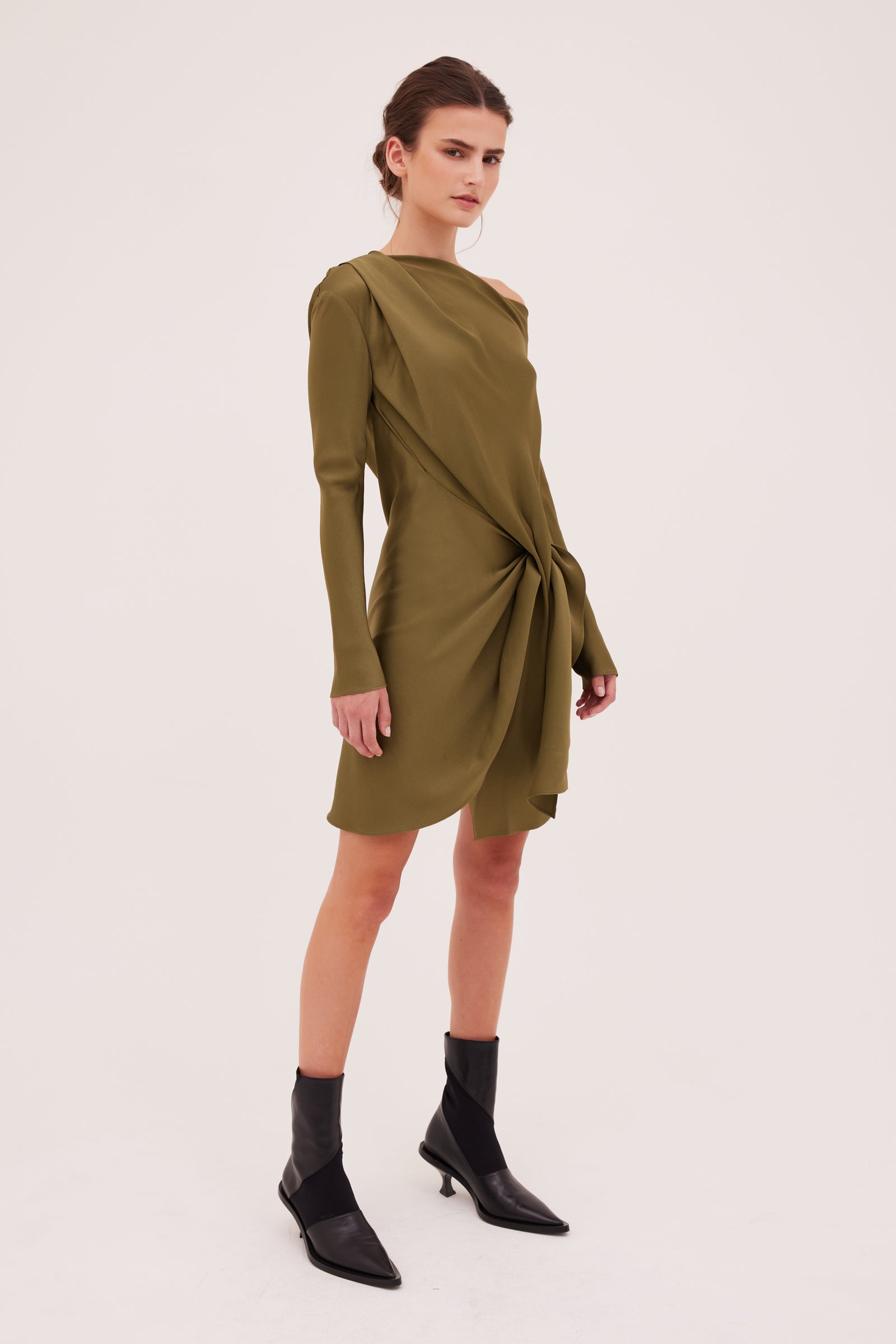 OLIVE CREPE SATIN MORI MINI DRESS