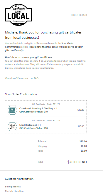 Example of an email confirmation that includes the gift certificate to a specific business.
