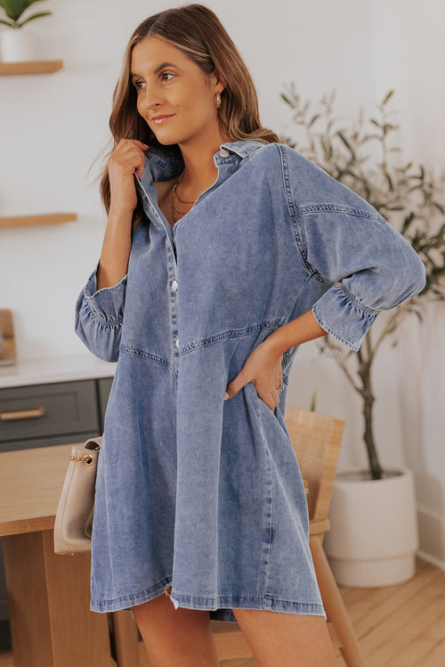 Blue Indigo Charm Button-Up Long Sleeve Denim Mini Dress