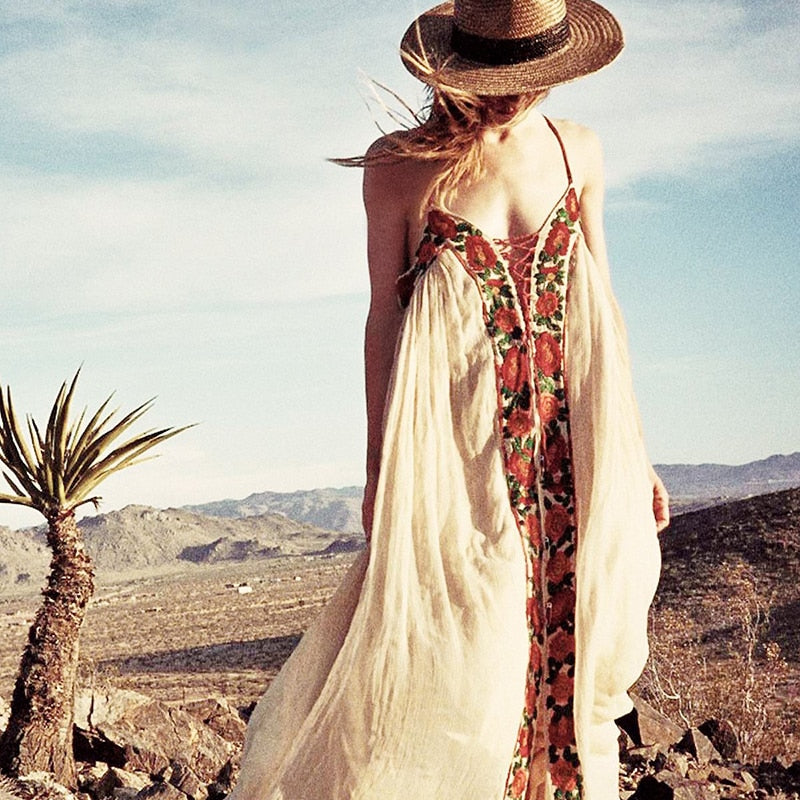 Better in Boho Hippie White Flowing Embroidery dress