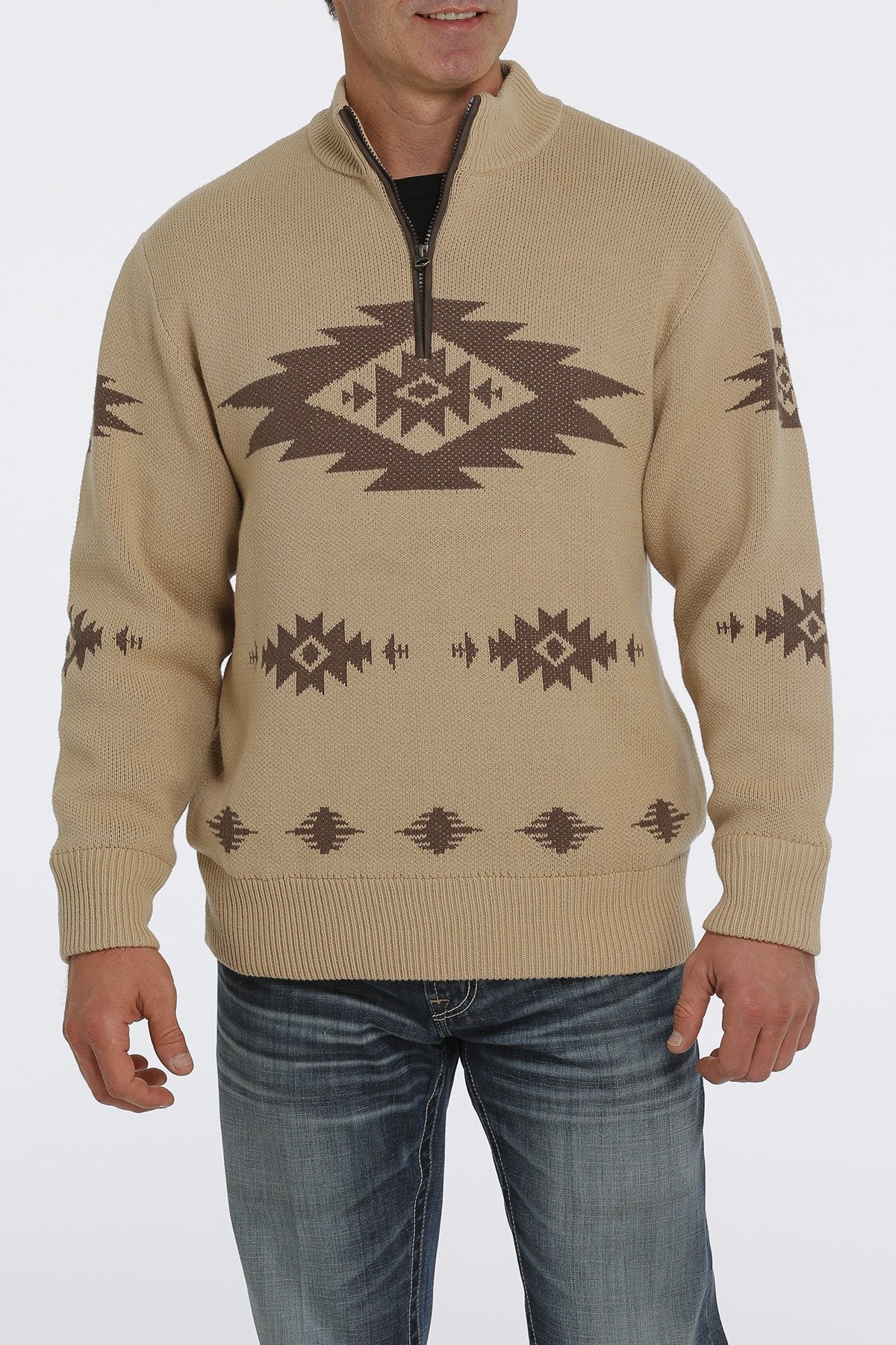 Men's Cinch 1/4 Zip Aztec Print Pullover Khaki Sweater - MWK1560002 -