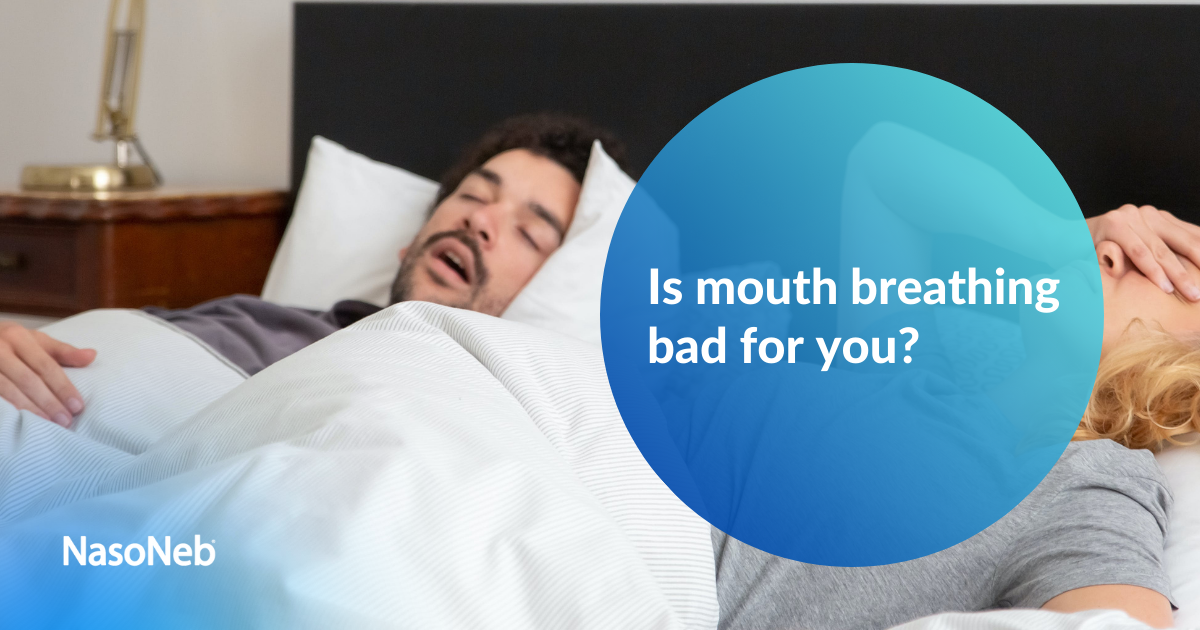 A couple in bed; a man snores and a woman lays restless with her hand over her face. Text reads: Is mouth breathing bad for you?