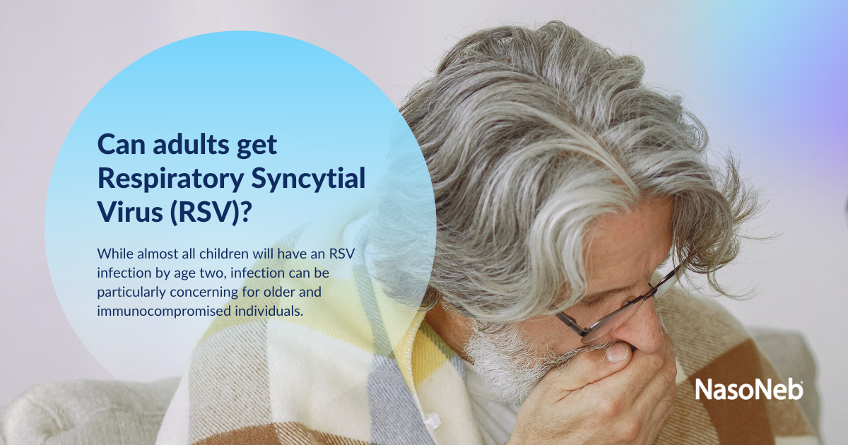 Elderly man wrapped in a blanket coughs into his hand. He appears ill. Text reads: Can adults get respiratory syncytial virus (RSV)? Almost all children will have an RSV infection by two years old. Infection can be dangerous for older and immunocompromised adults.