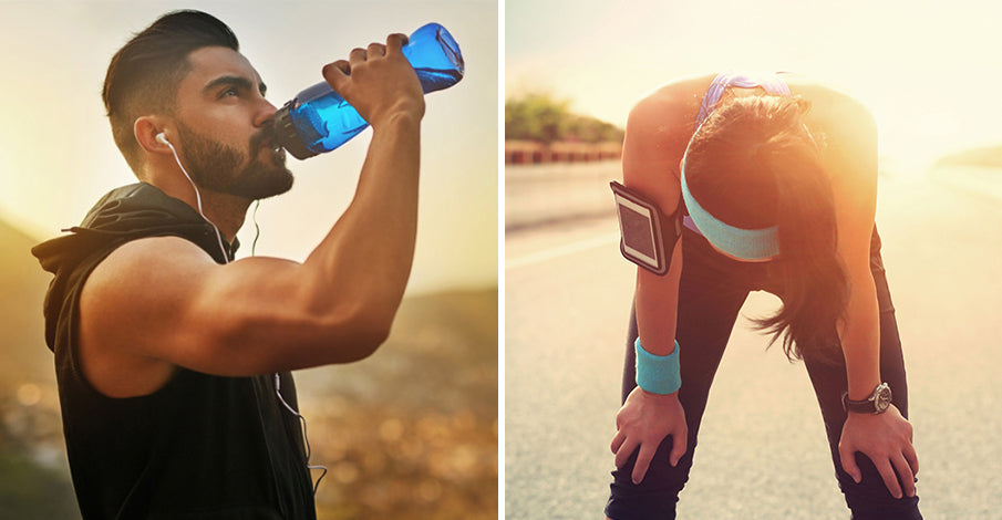Split image with a man on the left drinking water from a bottle while taking a break from exercising, and a woman on the right bent over catching her breath after a workout, both outdoors and wearing fitness attire.
