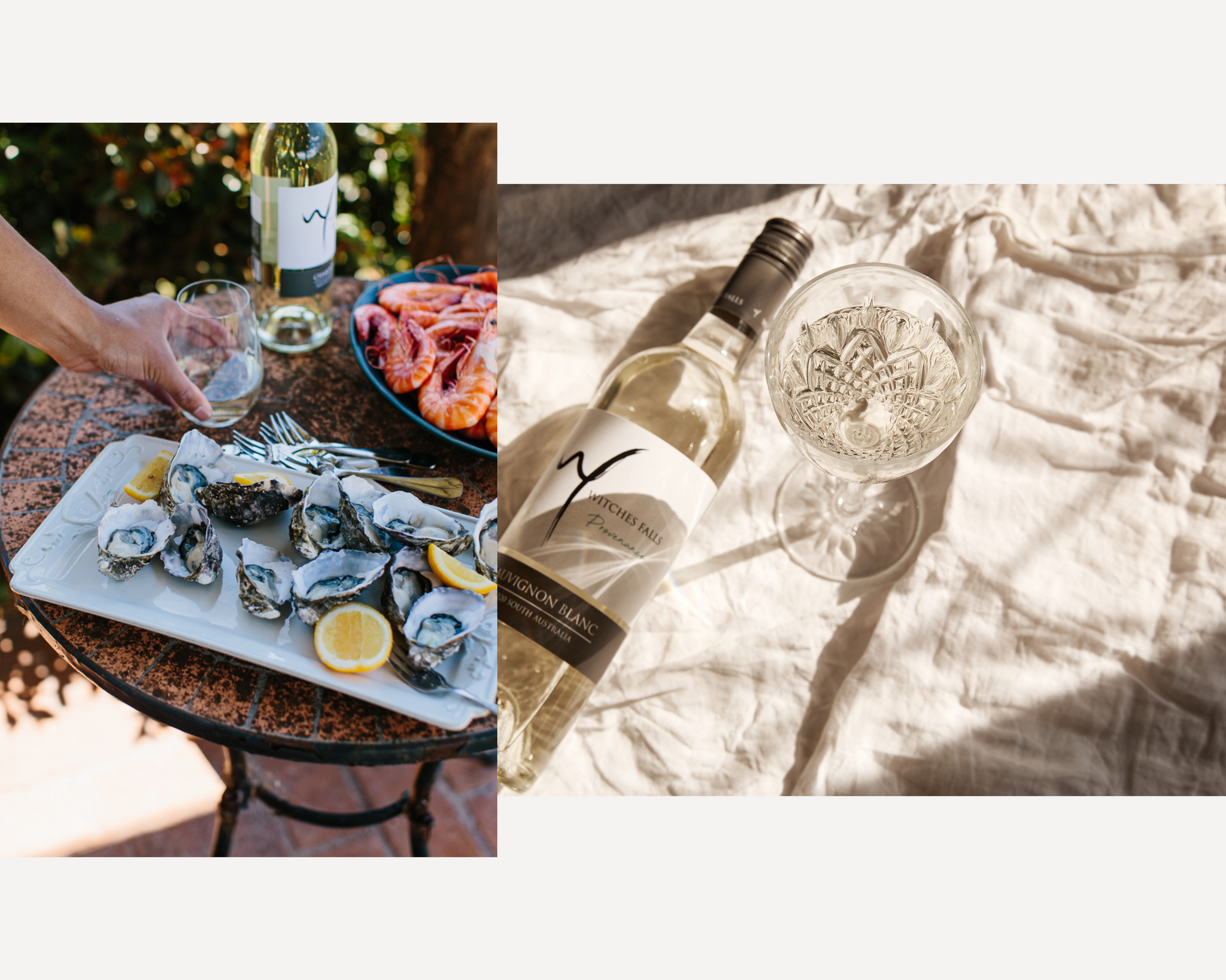 Left we see a plate of oysters and freshly cooked prawns; right we see a bottle and glass of sauvignon blanc