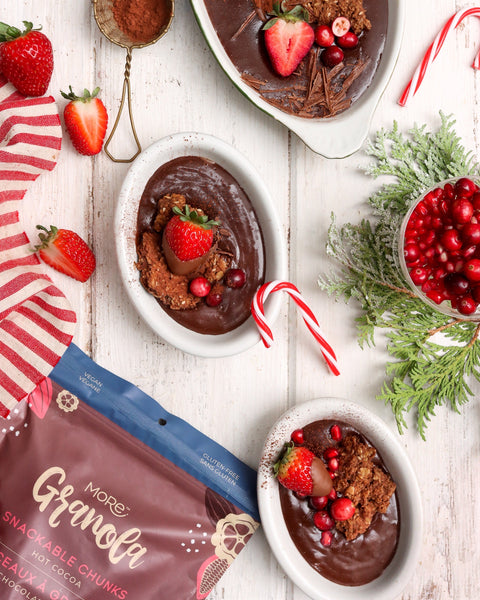 Hot cocoa mousse, candy canes, hot cocoa granola, strawberries, chocolate shavings