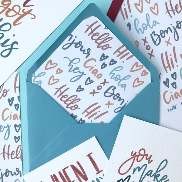 Cards with hand lettered envelope lining