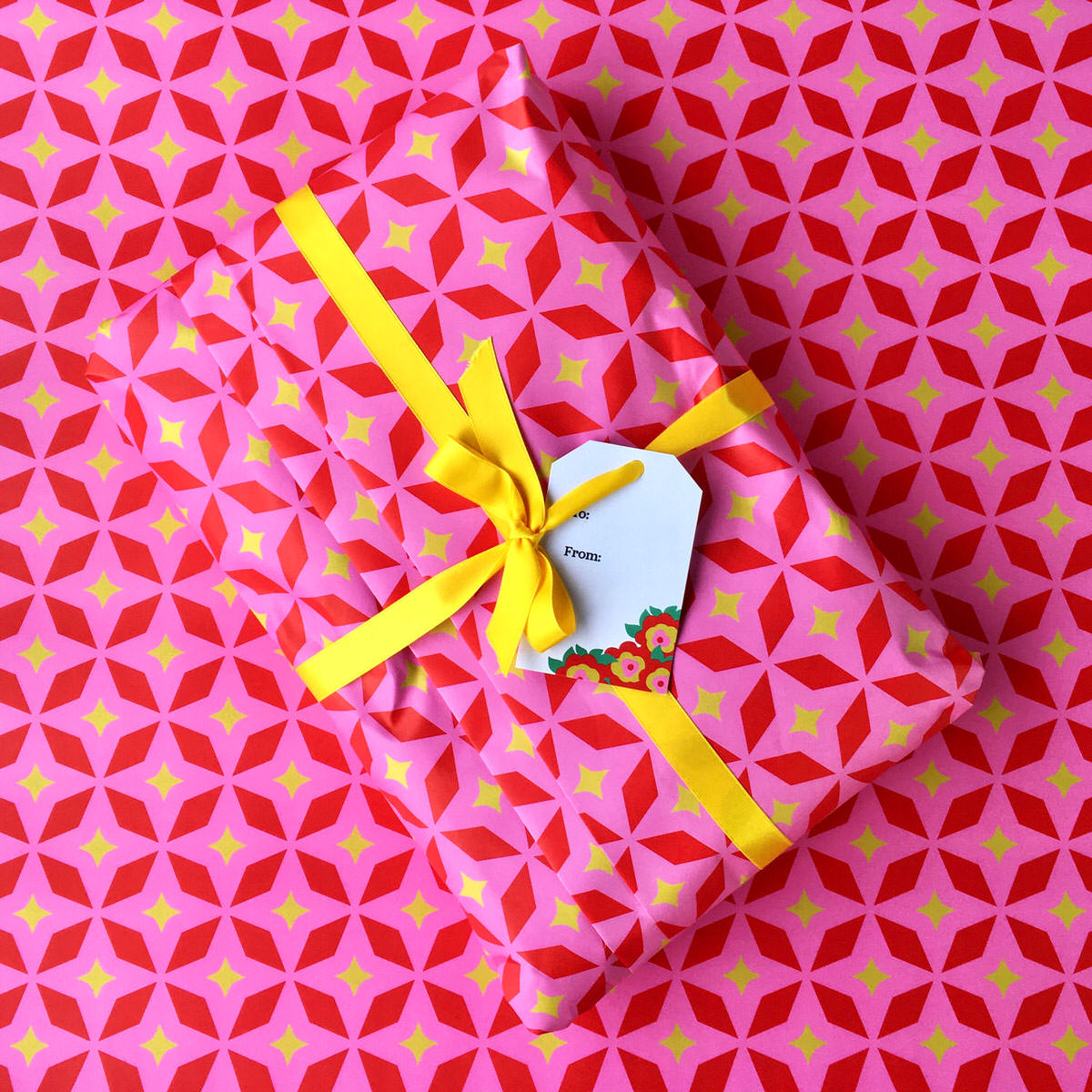 Gift wrapped with colourful Republic of Happy wrapping paper