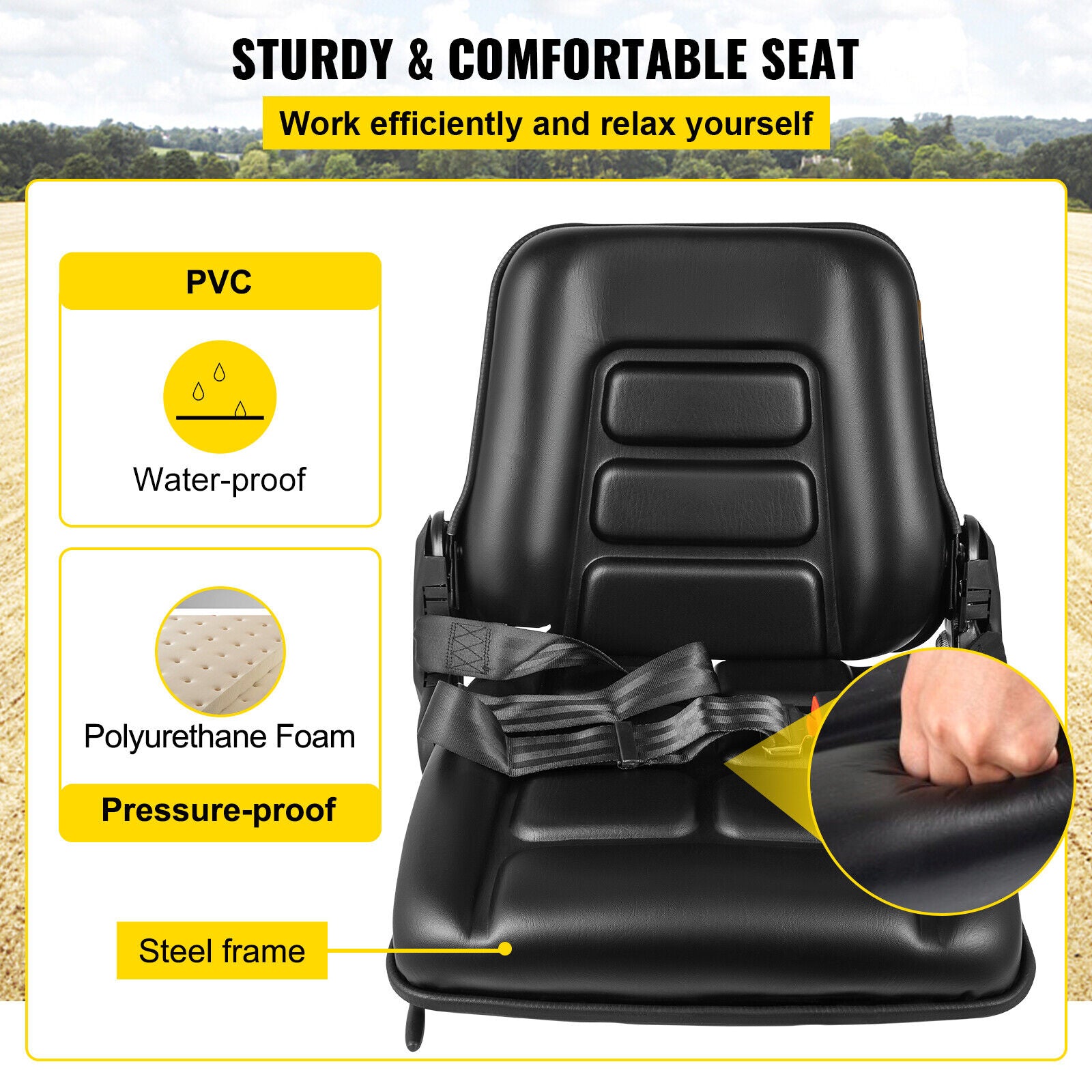 VEVOR Universal Tractor Seat High Back Folding Forklift Seat w/ Retractable Seat Belt Adjustable Backrest and Slide Rail Waterproof PVC Mower Seat
