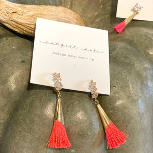 Earrings, Staggered Baguette with Hot Pink Tassel