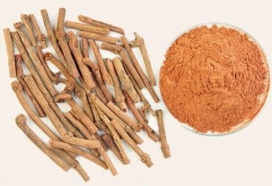 The wondrous herb ‘Manjishtha’ or Indian Madder - that lends this oil its lovely color and potency.  Shown here are its stems, solid and powdered. 