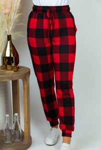 Cream or Red Buffalo Plaid Print Knit Joggers with Drawstring and Side Pockets