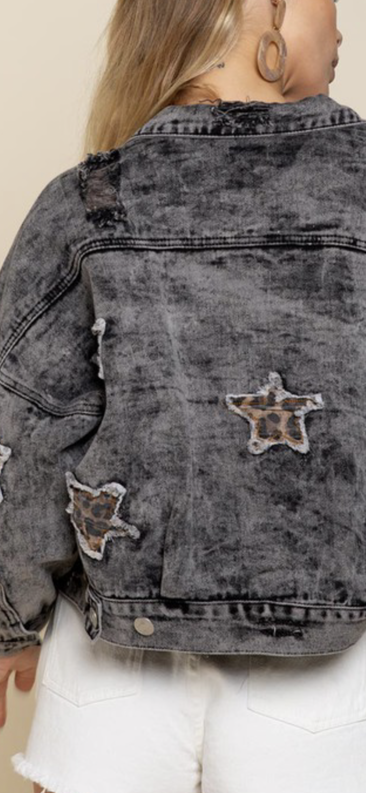 POL Vintage Black Distressed Denim Jacket w/ Star Patches