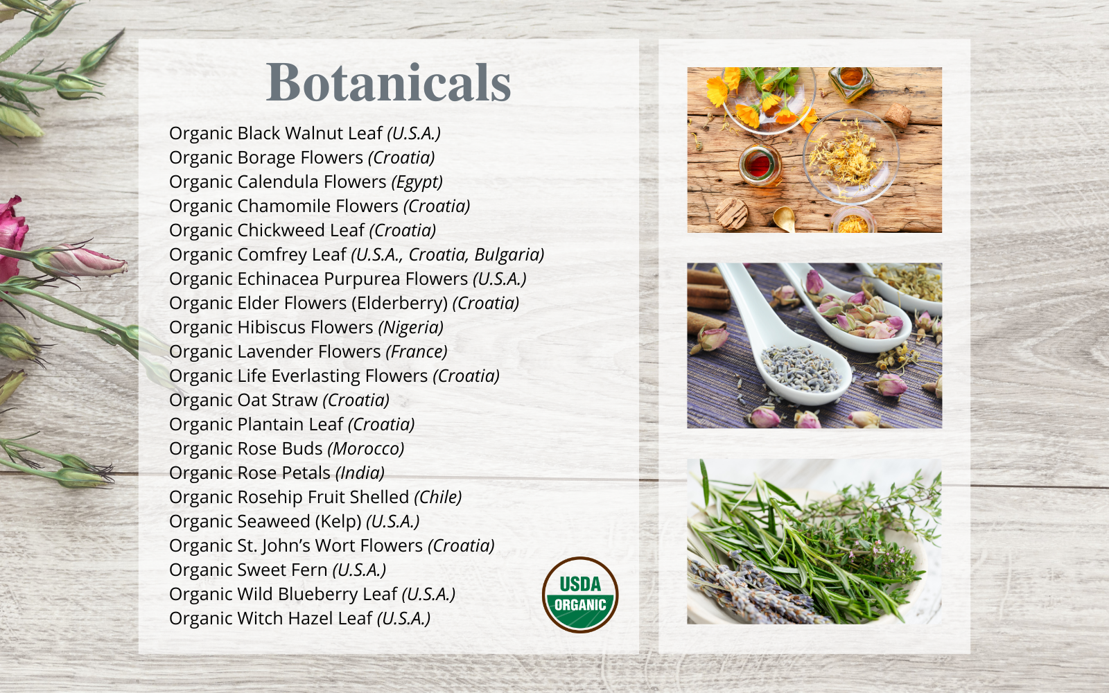 List of Organic Botanicals Ingredients on natural wood grain background with herbal images