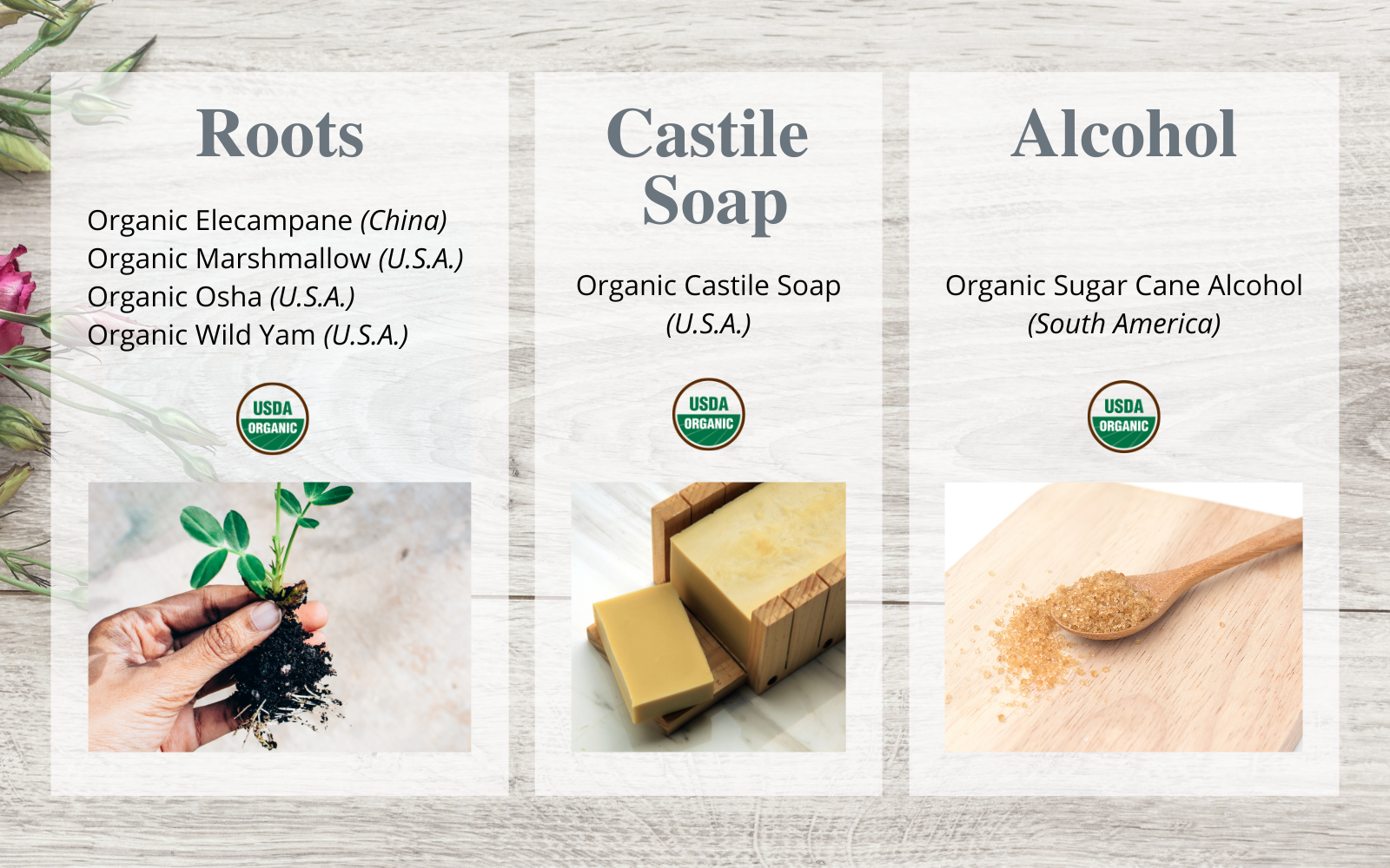 Roots, Castile Soap, Alcohol Ingredients List