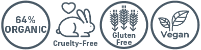 64% organic, cruelty-free, gluten-free, vegan badges