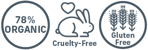 78% organic, cruelty-free, gluten-free badges