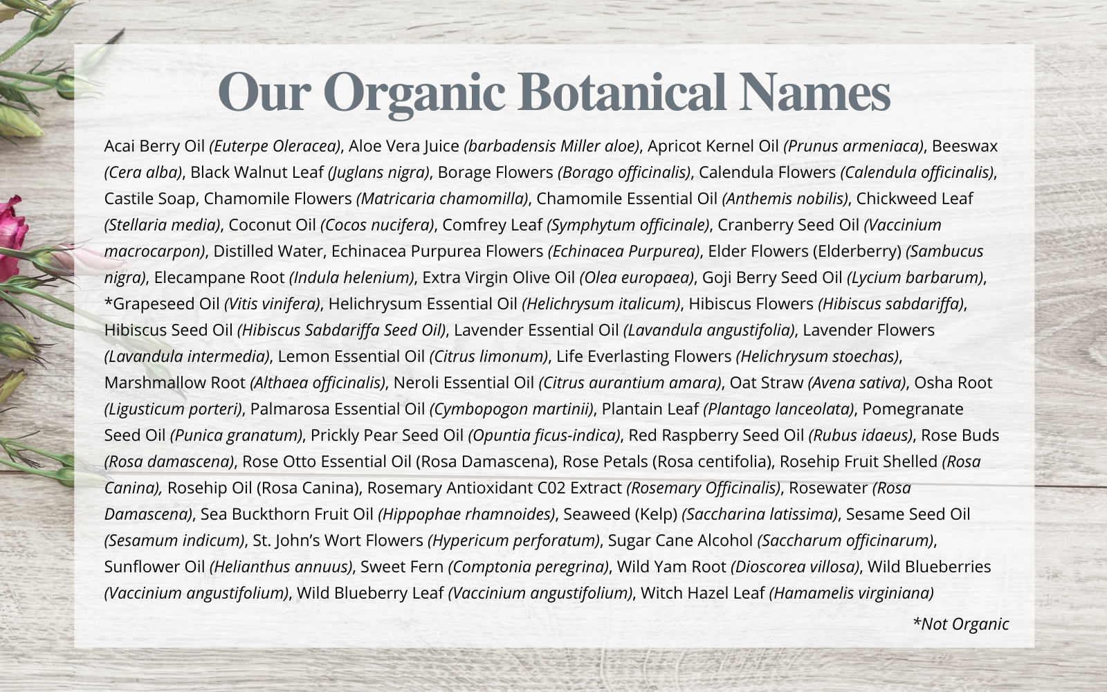 List of ingredients with their botanical names