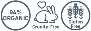 94% organic, cruelty-free, gluten-free badges