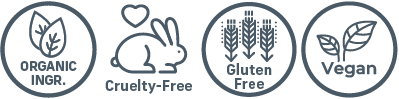 organic ingredients, cruelty-free, gluten-free, vegan badges