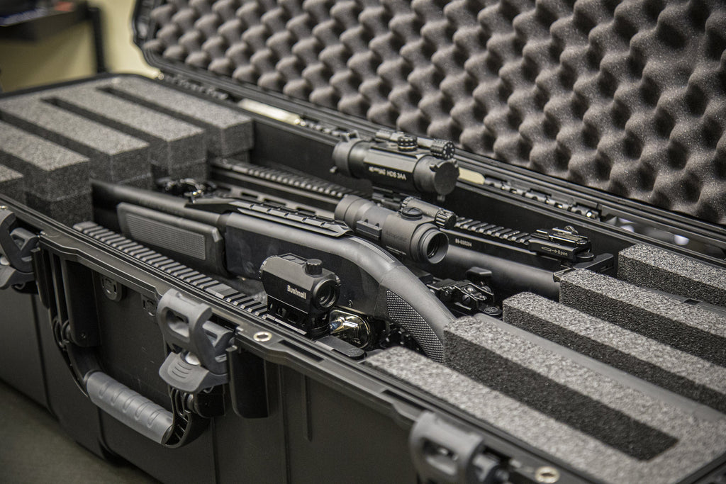 The NANUK 988 4-Up Rifle Case is fitted with high-grade custom-cut closed-cell foam engineered to fit four (4) rifles up to 39.75’’ in length with different optics installed including scopes, red dots, and everything in between.