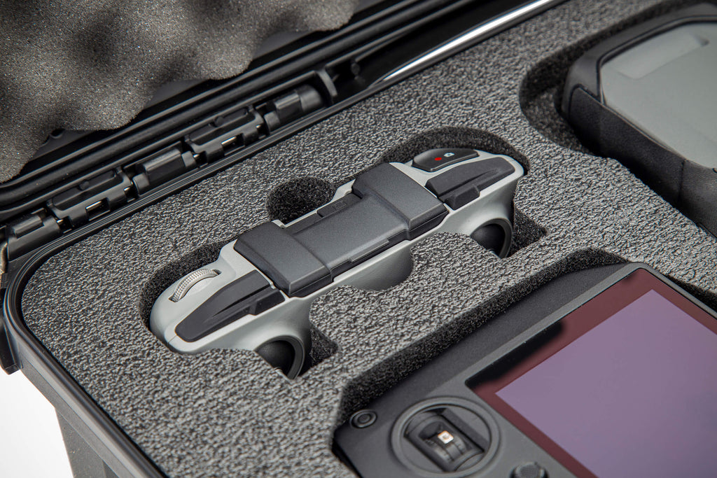 The clever design holds the MAVIC 3 Drone with storage cover installed, the RC-N1 Remote Controller, the RC PRO Remote Controller, two (2) additional Intelligent Flight Batteries, the 65W portable Charger and Charging Hub, two (2) ND Filter sets, extra Propellers, spare Control Sticks, multiple Cables and many other accessories securely.