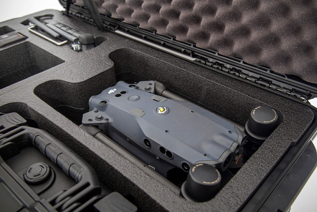 The high-quality custom foam interior holds the M-30 or M-30T commercial drone with two (2) batteries, ten (10) additional TB30 Intelligent Flight Batteries, the BS30 Intelligent Battery Station, two (2) DJI RC PLUS Controllers, extra propellers, and multiple accessories.