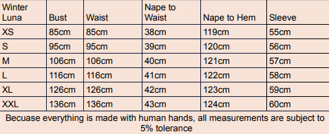 Winter Luna size chart