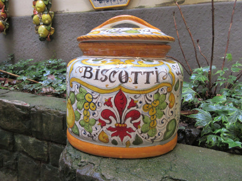 Italian Ceramic Big Cookies Jar Biscotti Hand Painted Pattern Landscape  Poppies Tuscan Made in ITALY Art Pottery Florence 