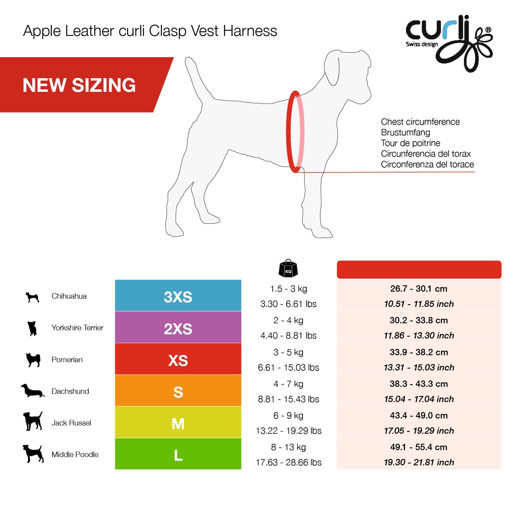 Curli Geschirr aus Apfel Leder Size Chart