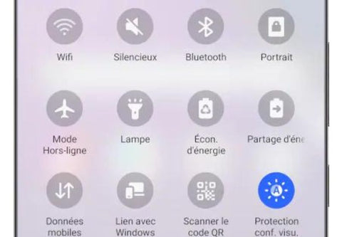 menu rapide samsung faisant afficher le filtre anti lumière bleue directement