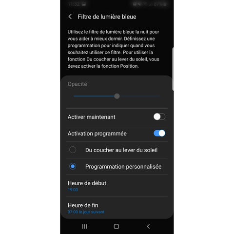 Capture d'écran de la programmation du filtre anti lumiere bleue xiaomi