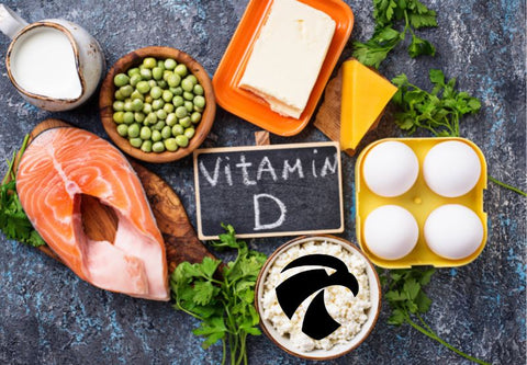 Lebensmittel voller Vitamin D auf einer Platte präsentiert