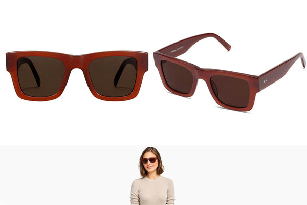 Femme portant des lunettes de soleil rouge de Warby Parker