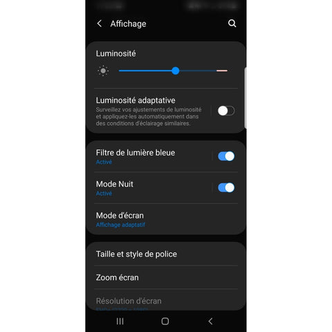 Capture d'écran du menu anti lumière bleue Xiaomi